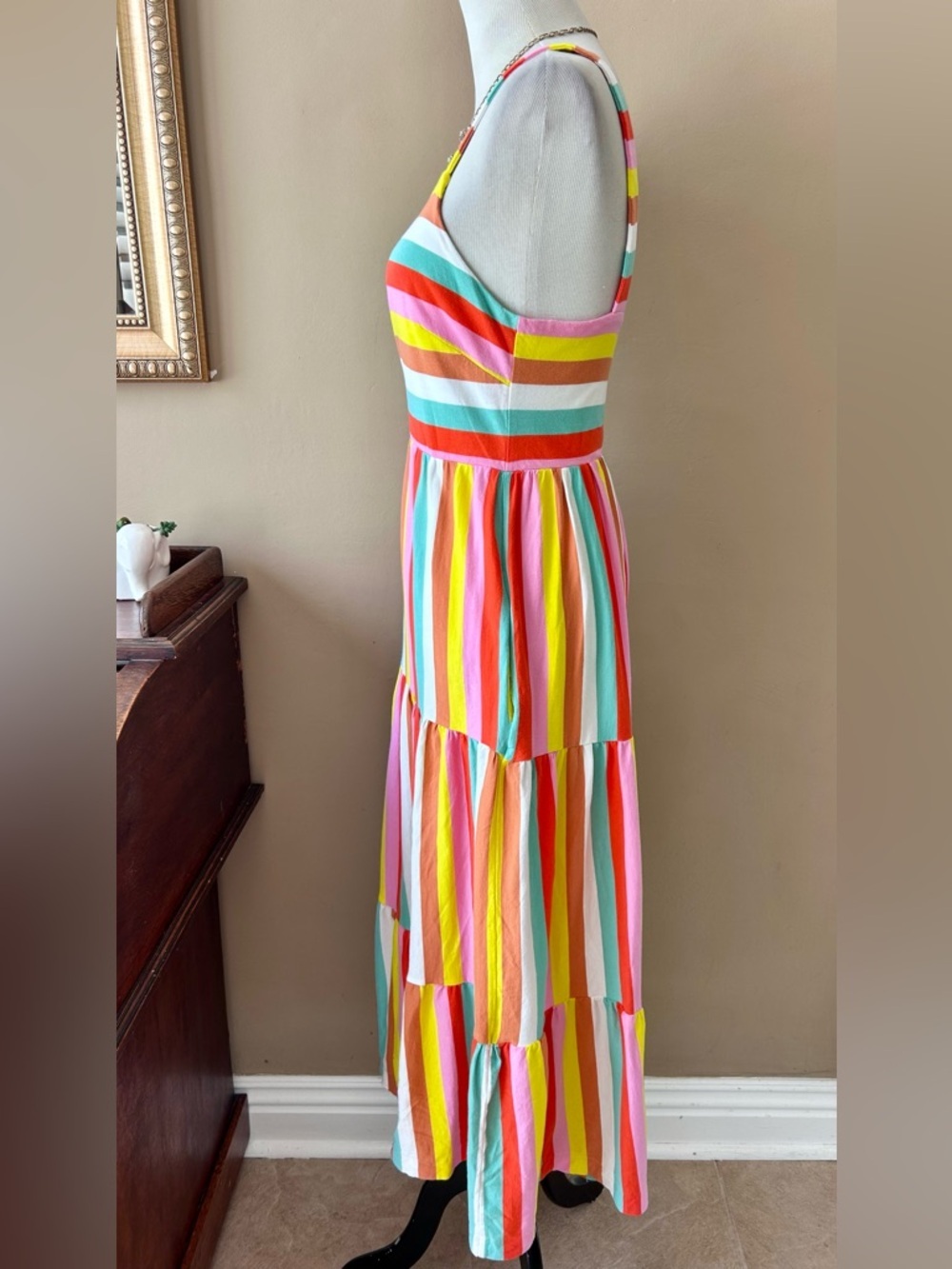 J Crew Tiered Maxi Dress in Rainbow Stripe Square Neck Knit Jersey Size Small S - Picture 4 of 16
